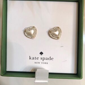 Kate Spade Gold Tone My Love Faux Pearl Heart Stud Earrings Crystal Accents NIB